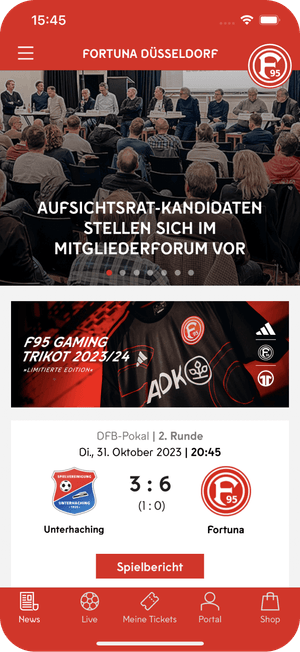 App-Screenshot der Fortuna Düsseldorf App mit Mitgliederforum, Spielberichten und Ticketübersicht.