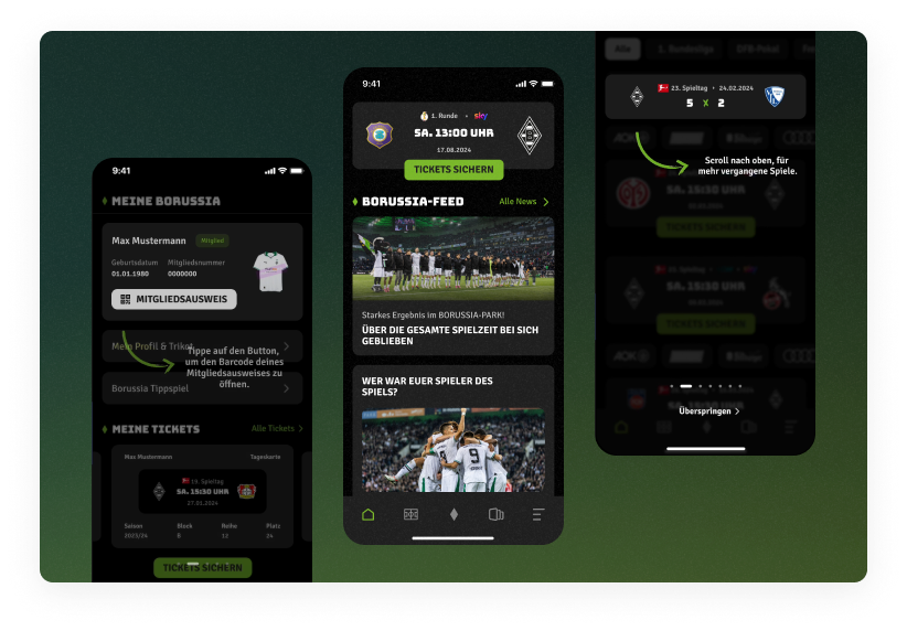 Drei Smartphone-Screens einer Sport-App im Dark Mode: links digitale Mitgliedskarte und Ticketübersicht, in der Mitte ein News-Feed mit Spielberichten, rechts eine Ticketansicht mit Hinweisen zur Navigation und Spielauswahl.