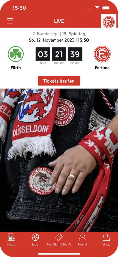 Zur Veranschaulichung der Fortuna Düsseldorf App, wird ein Screen mit Design-Elementen wie Live-Ticker, Ticketkauf-Option und Fan-Inhalten bereitgestellt.